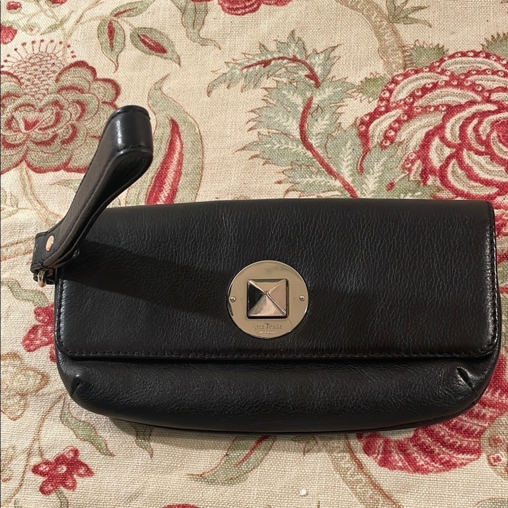 Kate Spade Black Pebbled Leather Rounded Edge Mini Wristlet Gold Center Hardware